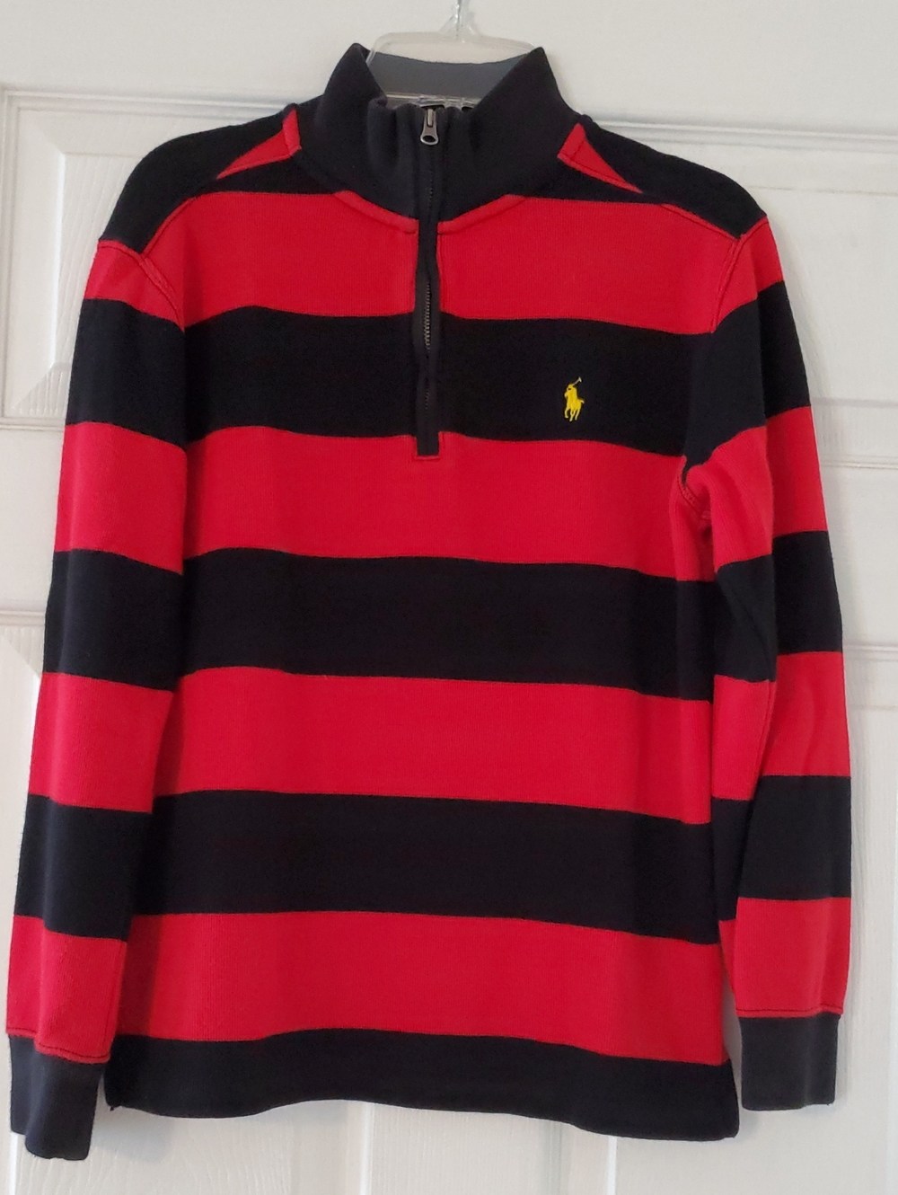 Ralph Lauren Boys Red and Black Striped Half-Zip Pullover